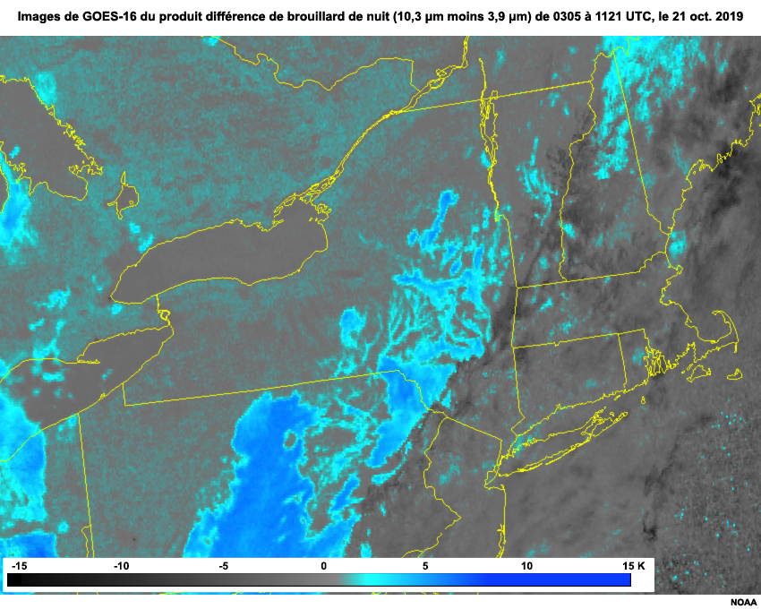 Image de GOES-16 du produit « différence de brouillard » de nuit  (10,3 µm moins 3,9 µm) de 0305 à 1121 UTC, le 21 oct. 2019