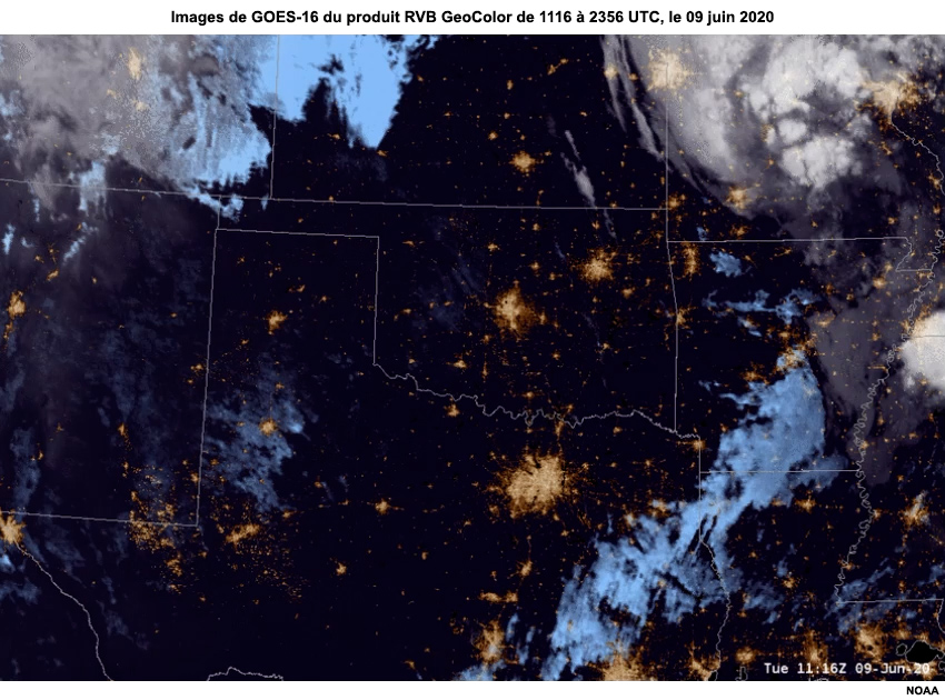 Images en boucle de GOES-16 du produit RVB GeoColor sur le Texas et l'Oklahoma de 1116 à 2356 UTC, le 09 juin 2020