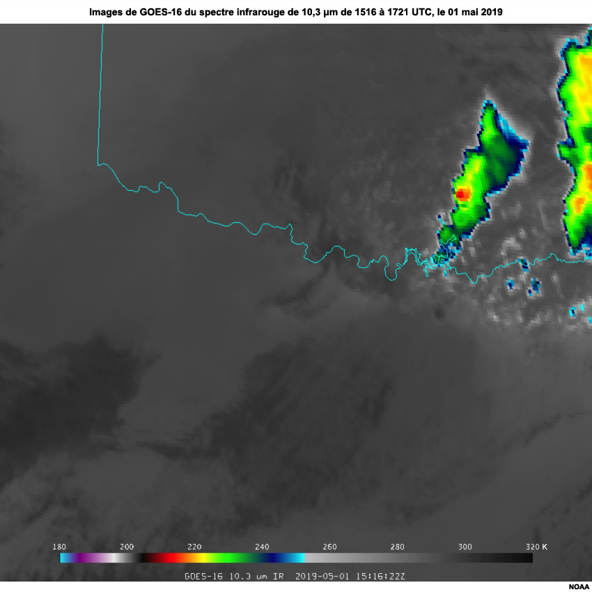 Images en boucle de GOES-16 de la bande 13 infrarouge de 1516 à 1721 UTC (initiation de la convection), 01 mai 2019