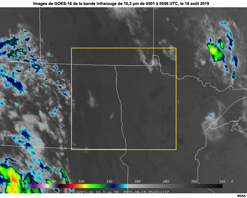 Images de GOES-16 de la bande 13 infrarouge de 10,3 µm sur la région du Haut-Midwest de 1516 à 1721 UTC (initiation de la convection), 01 mai 2019