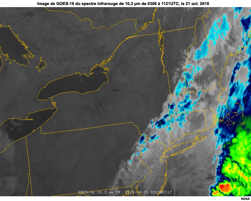 Images en boucle de GOES-16 du spectre infrarouge de 10,3 µm sur le nord-est des États-Unis de 0306 à 1121 UTC, le 21 octobre 2019