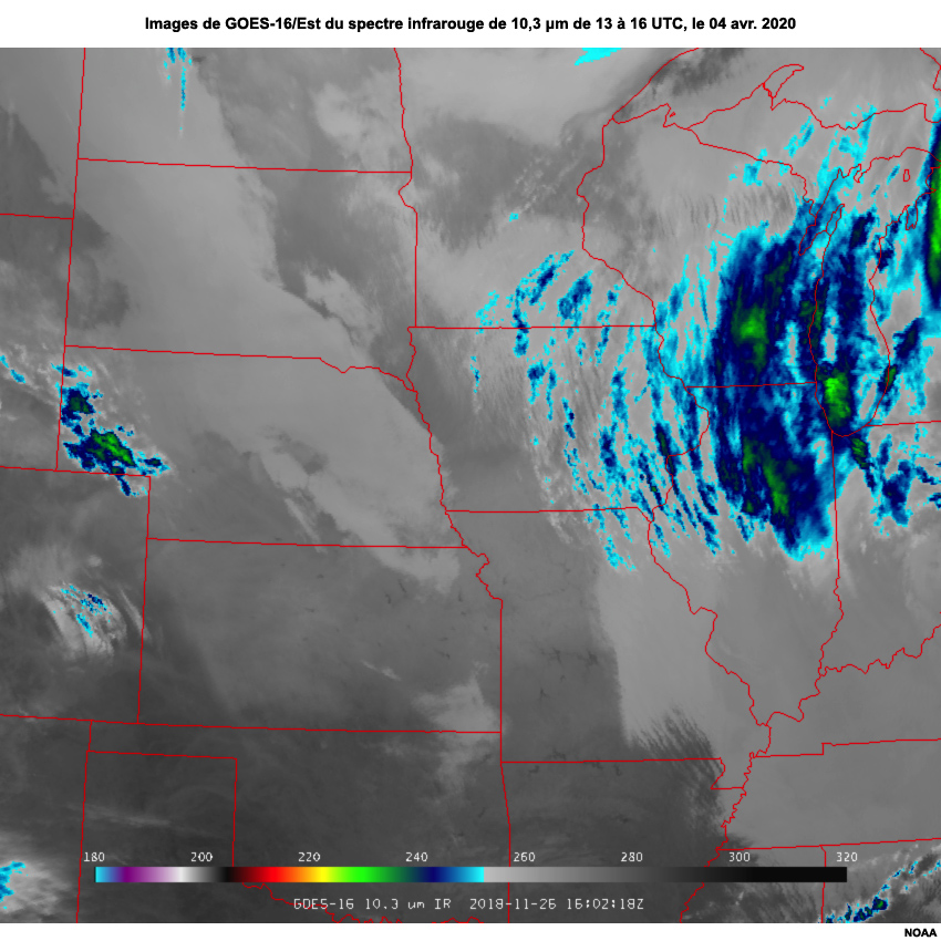Images en boucle de GOES-16 du spectre infrarouge de 10,3 µm au-dessus du Midwest des États-Unis, de 1602 à 1702 UTC, 26 novembre 2018