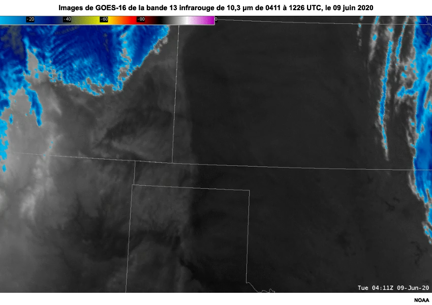 Images en boucle de GOES-16 de la bande 13 infrarouge de 10.3 µm de 0411 à 1226 UTC, le 09 juin 2020