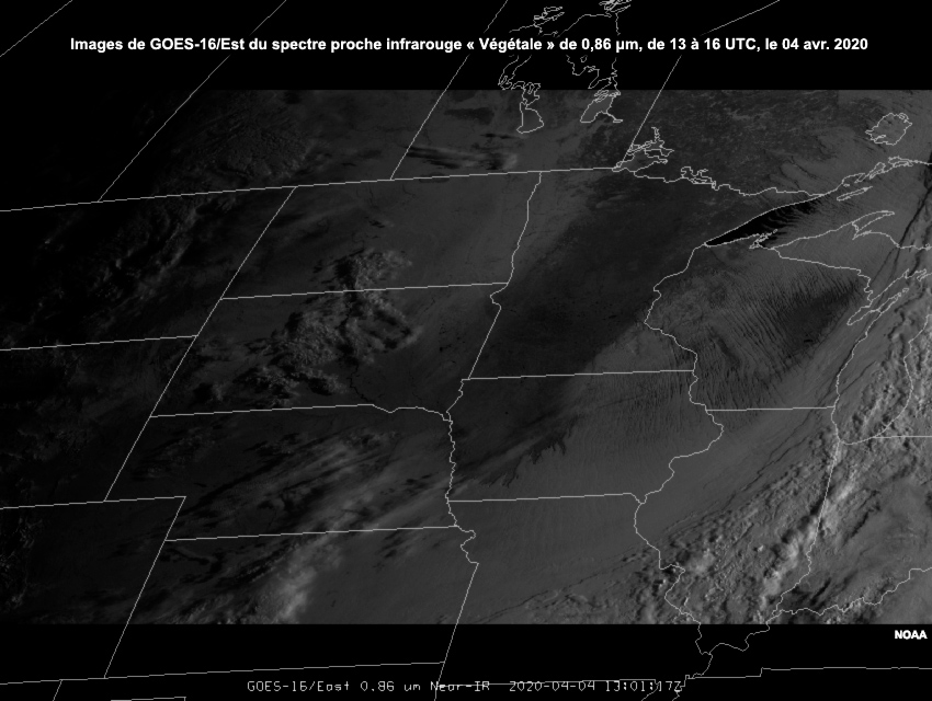 Images en boucle de GOES-16/Est du spectre proche infrarouge « Végétal » de 0,86 µm, de 13 à 16 UTC le 04 avril 2020