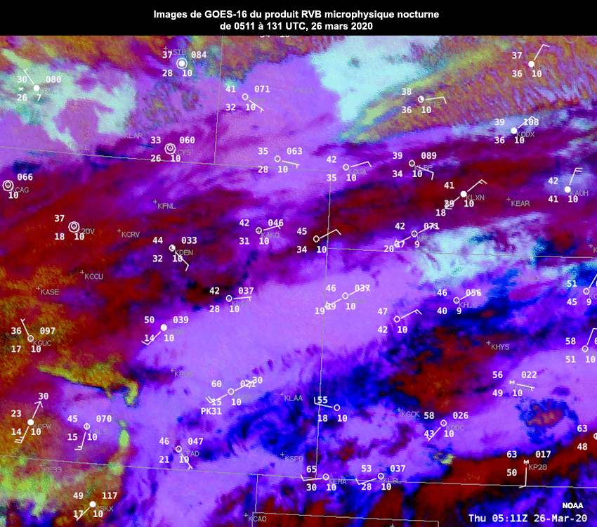Animation de nuit de GOES-16 du produit RVB microphysique nocturne de 0511 à 1331 UTC (lever du soleil), le 26 mars 2020