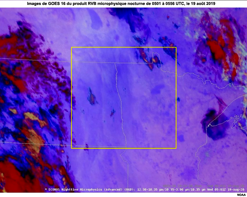 Images animées de GOES-16 du produit RVB microphysique nocturne sur la région du Haut-Midwest de 0501 à 0556 UTC, le 19 août 2020