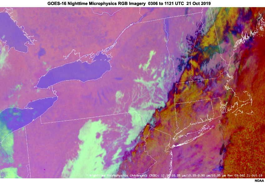 Images en boucle de GOES-16 du produit RVB microphysique nocturne de 0306 à 1121 UTC, le 21 octobre 2019
