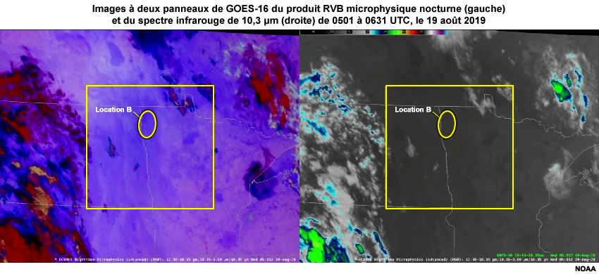 Images en boucle dans deux panneaux de GOES-16, un panneau du produit RVB microphysique nocturne et l’autre de la bande IR de 10,3 µm sur la région du Haut-Midwest de 0501 à 0631 UTC, le 19 août 2020