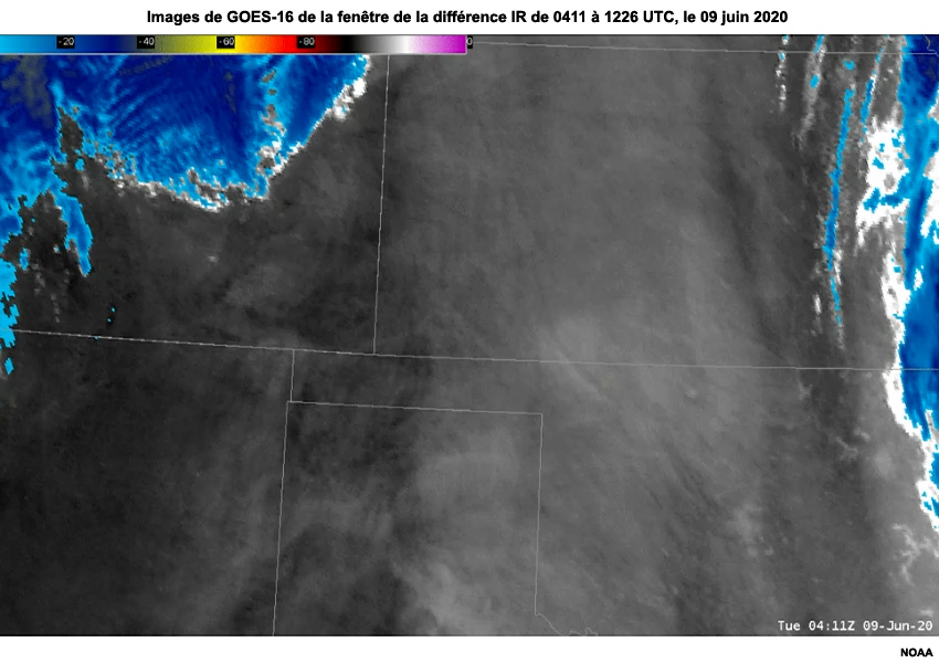 Fenêtres en boucle de la différence des spectres IR de 12,3 moins 10,3 µm de GOES-16 de 0411 à 1226 UTC, le 09 juin 2020