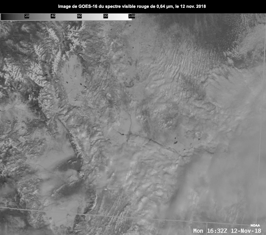 Images en boucle de GOES-16 du spectre visible rouge de 0,64 µm pour le sud du Colorado, de 1632 à 1927 UTC, le 11 novembre 2018