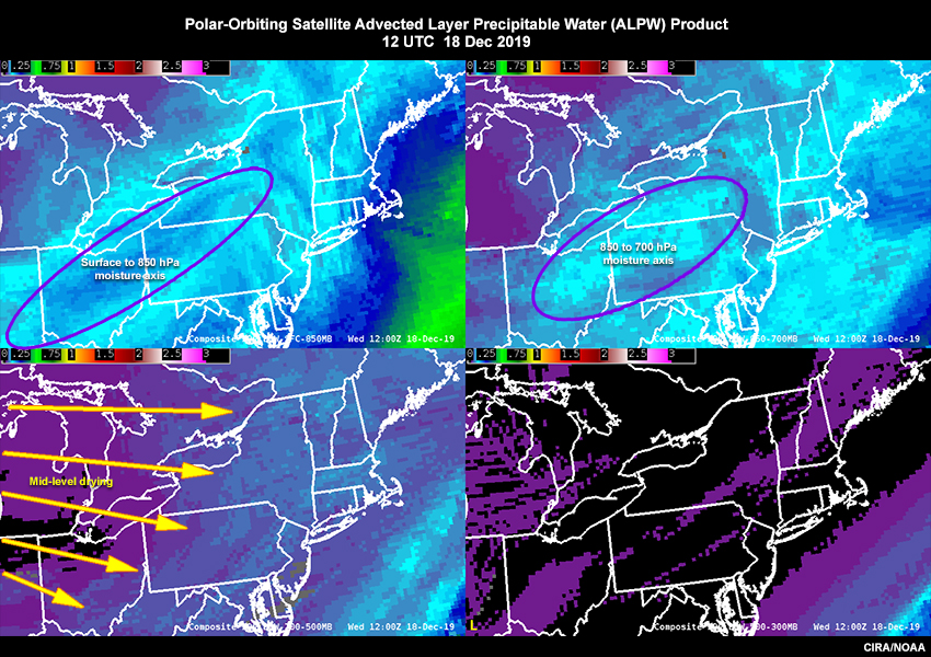 ALPW product from 12 UTC with annotations showing surface to 850 hPa moisture axis in top left, 850 to 700 hPa moisture axis in top right, and locations of mid-level drying in bottom left panel.