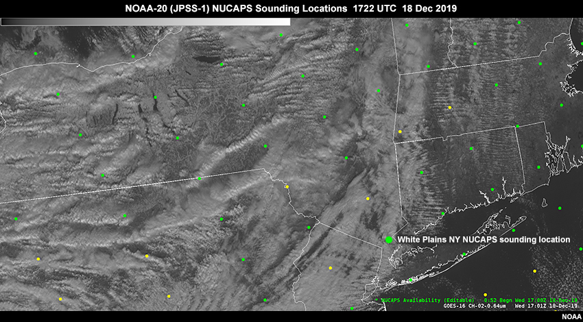 NUCAPS sounding location near White Plains NY indicated on visible image taken at 17 UTC on 18 Dec 2019 