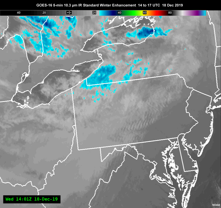 GOES-16 5-min 10.3 µm IR Standard Winter Enhancement  14 to 17 UTC  18 Dec 2019
