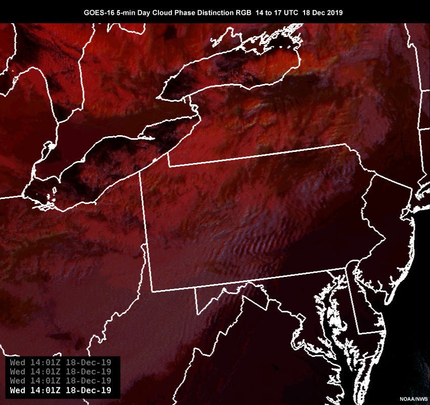 GOES-16 5-min Day Cloud Phase Distinction RGB  14 to 17 UTC  18 Dec 2019