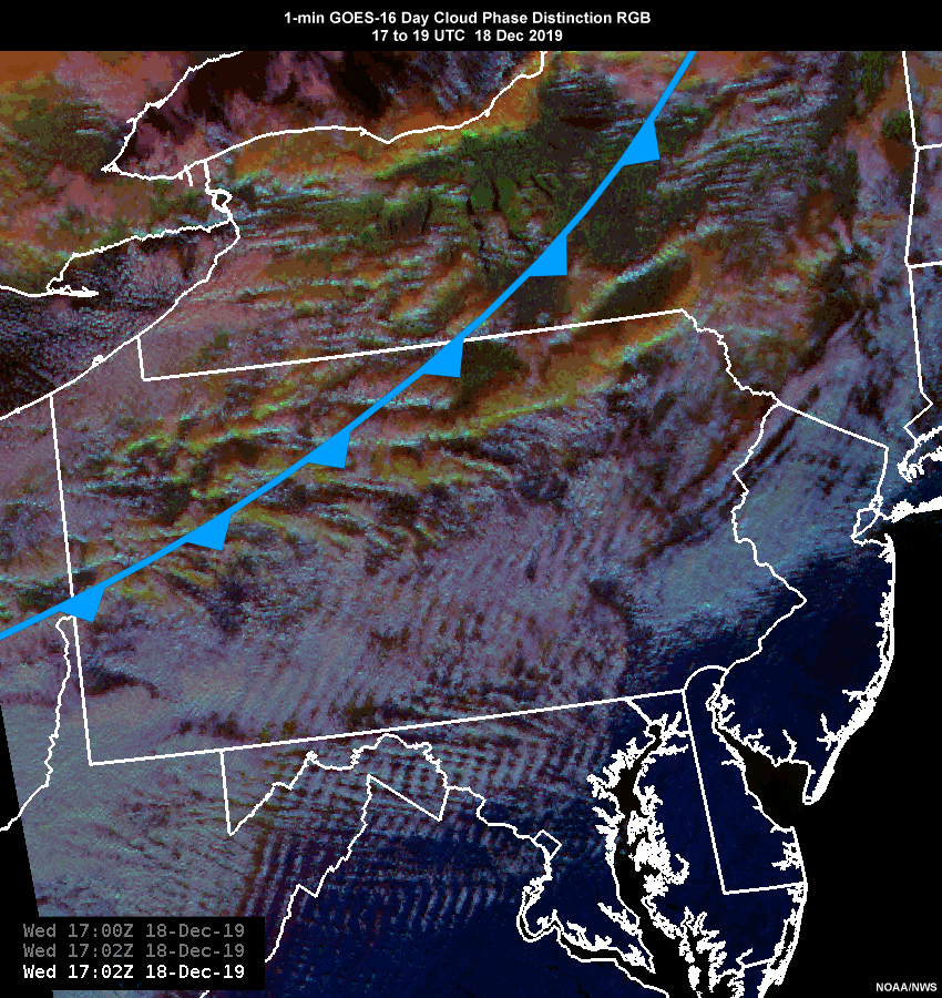 1-min GOES-16 Day Cloud Phase Distinction RGB from 17 to 19 UTC, 18 Dec 2019