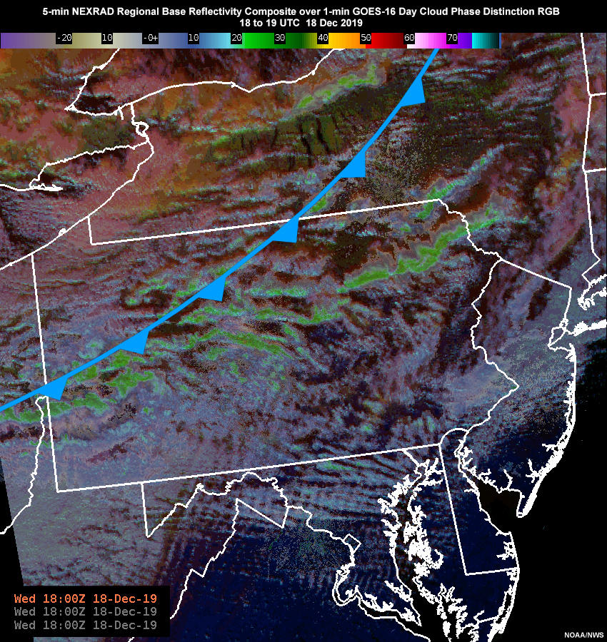 5-min NEXRAD Regional Base Reflectivity Composite over 1-min GOES-16 Day Cloud Phase Distinction RGB from 17 to 19 UTC, 18 Dec 2019