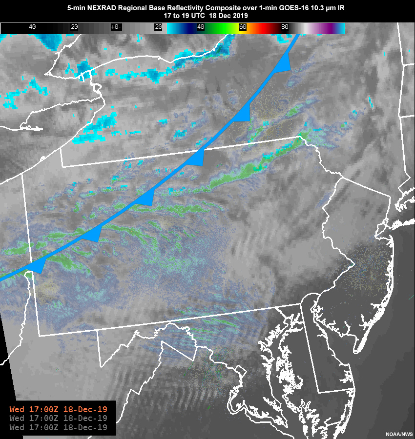 5-min Regional NEXRAD Base Reflectivity Composite over 1-min GOES-16 10.3 µm IR from 17 to 19 UTC, 18 Dec 2019