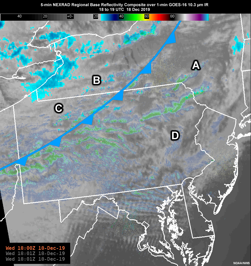 5-min Regional NEXRAD Base Reflectivity Composite over 1-min GOES-16 10.3 µm IR from 18 to 19 UTC, 18 Dec 2019