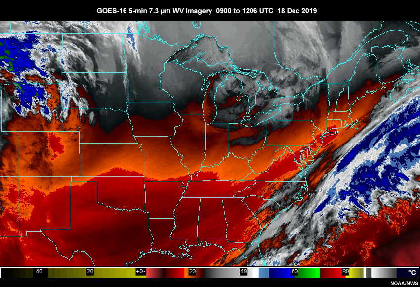 GOES-16 5-min 7.3 µm WV Imagery from 0900 to 1206 UTC on 18 Dec 2019