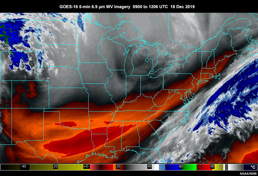 GOES-16 5-min 6.9 µm water vapor imagery from 0900 to 1206 UTC on 18 Dec 2019
