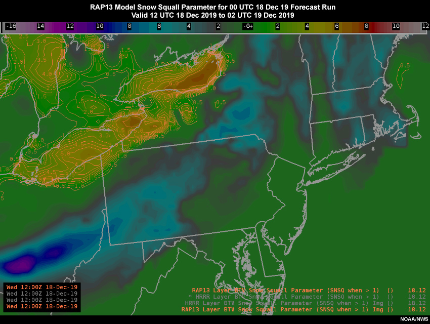 RAP13 model Snow Squall Parameter loop valid from 12z 18 Dec to 02z 19 Dec 2019