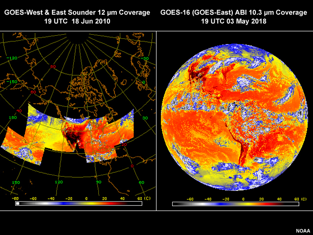2 images, one showing GOES-West & East Sounder 12 µm Coverage from 19 UTC  18 Jun 2010, the other GOES-16 (GOES-East) ABI 10.3 µm Coverage from 19 UTC 03 May 2018
