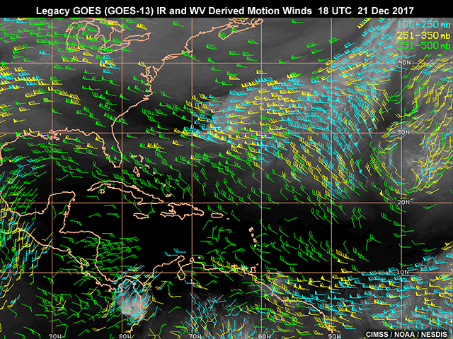 Satellite derived middle to upper level infrared and water vapor wind data density from the legacy GOES-13 satellite on 21 Dec 2017