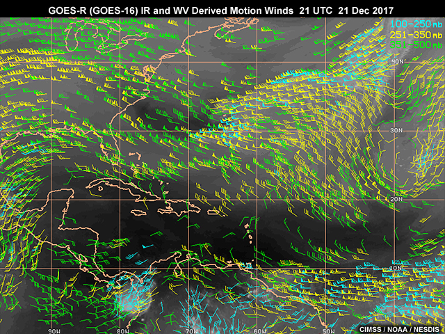 Satellite derived middle to upper level infrared and water vapor wind data density from the new GOES-R (GOES-16) satellite on 21 Dec 2017