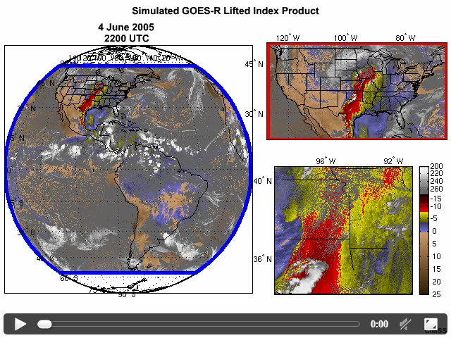 Simulated GOES-R lifted index derived product imagery comparing full disk, Conus, and mesoscale sector coverages and update rates for a two period on June 4, 2005.
