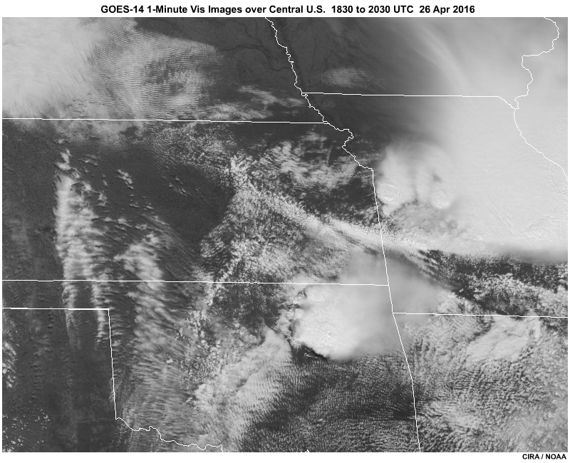 GOES-14 SRSOR (Super Rapid Scan Operations for GOES-R) 1-minute interval visible imagery showing a variety of mesoscale features as severe weather breaks out across the Plains states on April 26, 2016.