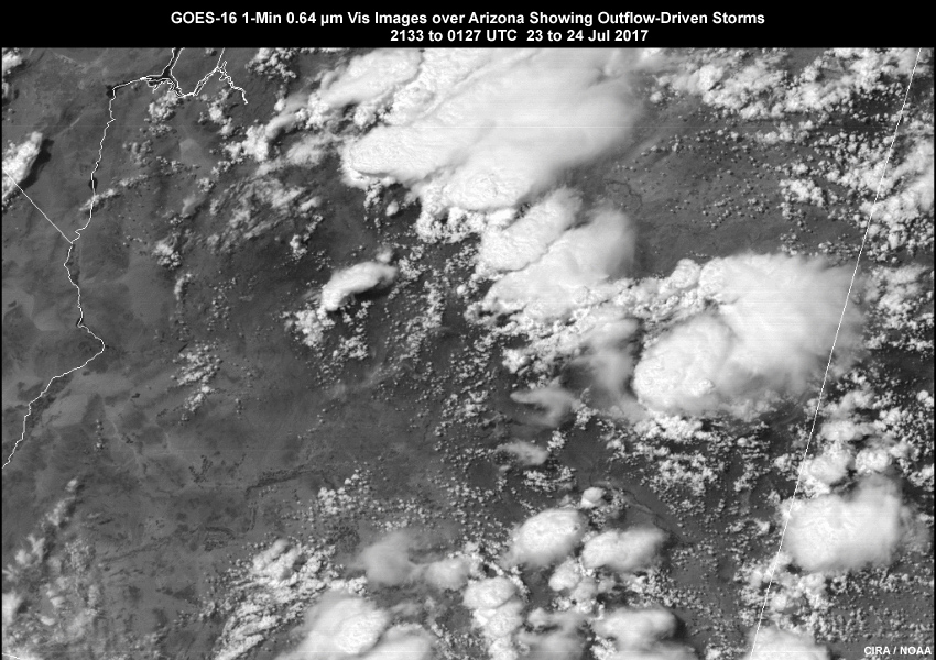 GOES-16 ABI 1-minute 0.64 micrometer visible (band 2) imagery showing outflow-driven convection and storms over Arizona on July 23, 2017