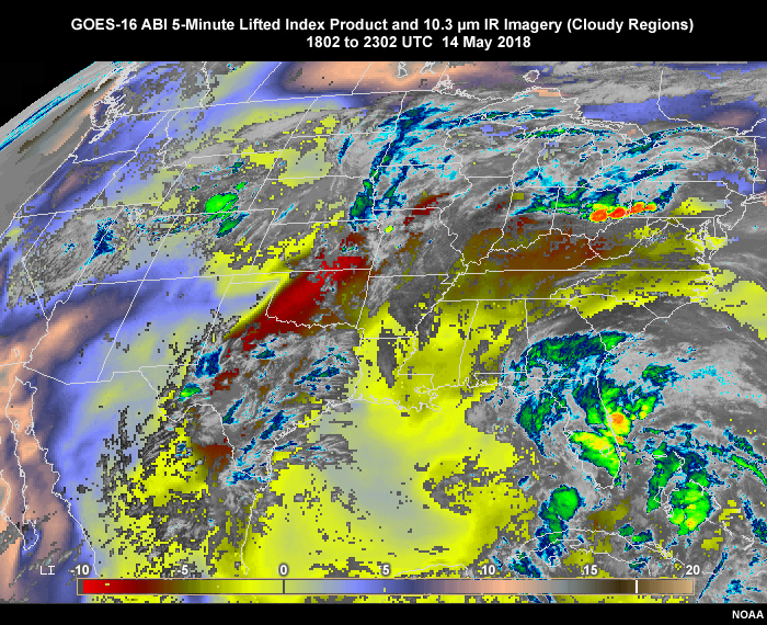GOES-16 ABI lifted index derived product imagery blended with 10.3 micrometer IR imagery showing CONUS coverage and 5-minute updates on May 14, 2018