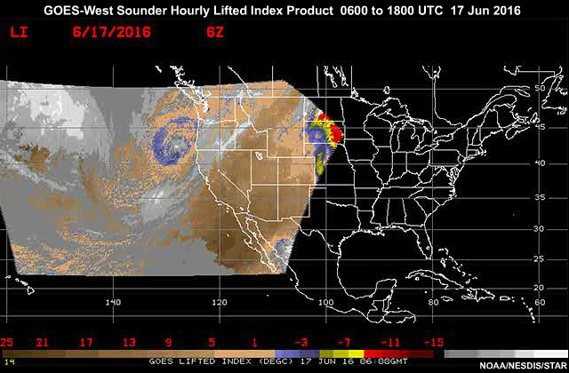GOES-West (GOES-15) lifted index derived product imagery showing coverage over a 12-hour period on June 17, 2016