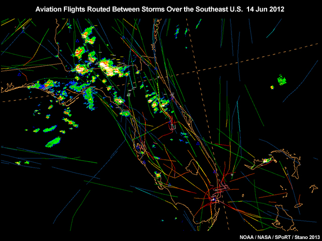 A plot of aircraft tracks over the Southeast U.S. showing the use of lightning detection data in aviation routing for June 14, 2012.