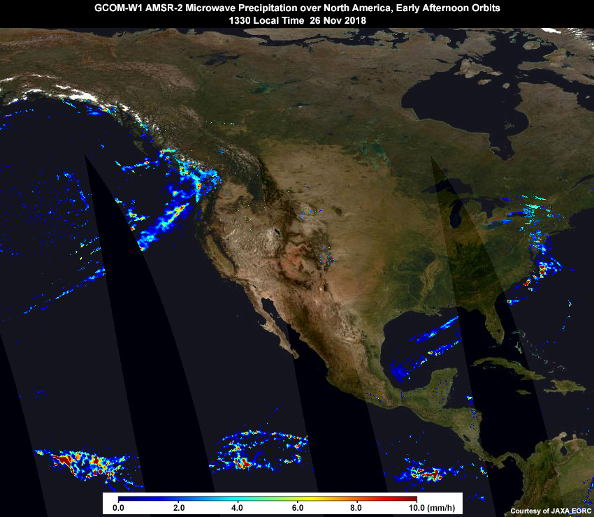GCOM-2 AMSR-2 microwave precipitation rate composite of early afternoon (local time) ascending orbits over North America on November 26, 2018