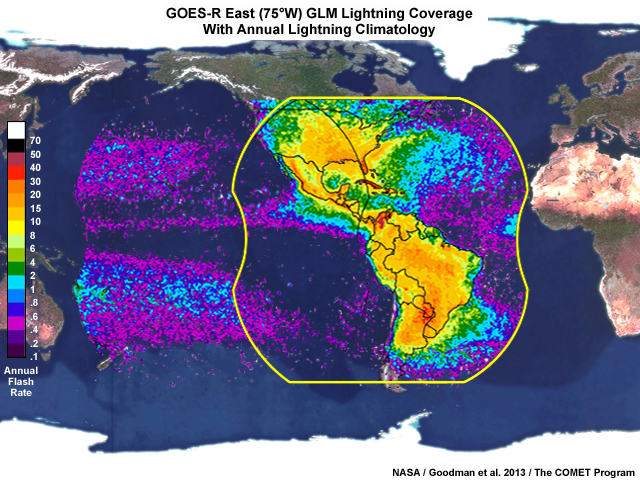 Geostationary Lightning Mapper overage from a GOES-East satellite position at 75 degrees west longitude