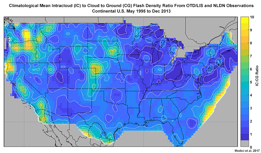 Plot showing intracloud vs. cloud to ground lightning activity over the U.S. from combined polar-orbiting OTD and LIS 18.5-year flash density observations taken from May 1995 to December 2013