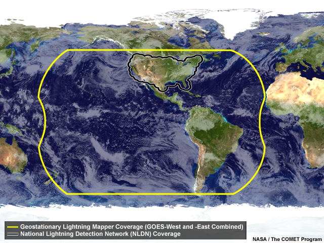 United States National Lightning Detection Network coverage on the globe with satellite image of thunderstorms and other clouds.