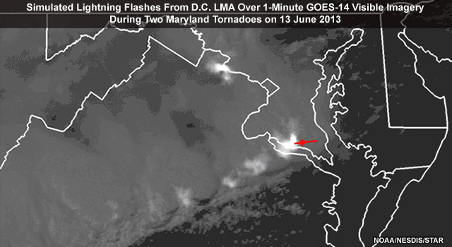 Animation showing simulated GLM lightning flashes from ground-based Washington, D.C. LMA (Lightning Mapping Array) data over GOES-14 1-minute imagery during two tornadoes in Maryland on 13 June 2013.