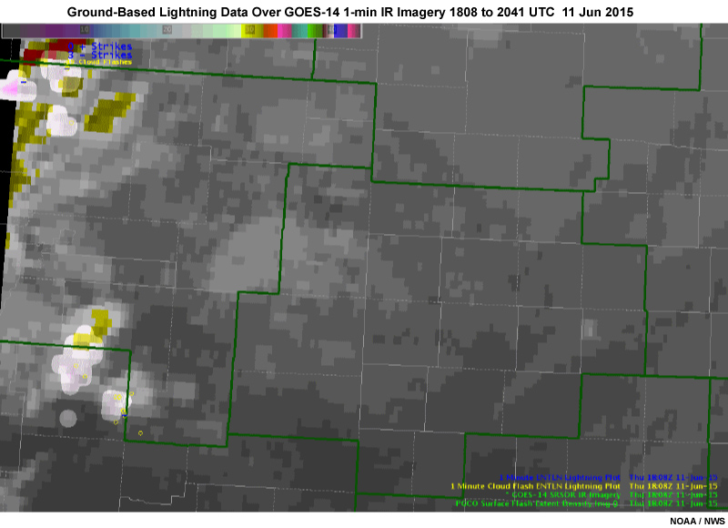 GOES-14 1-minute rapid scan IR imagery with ground-based lightning information overlaid over central Plains on June 11, 2015.