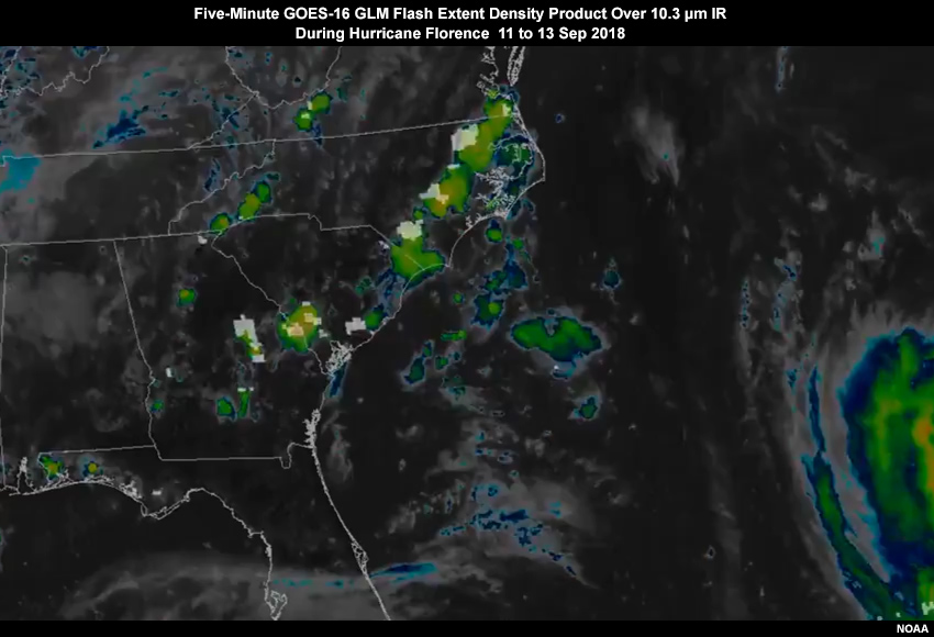 Five-minute animation of GOES-16 GLM lightning Flash Extent Density product over 10.3 micrometer IR imagery as hurricane Florence approaches the U.S. East Coast from 11 to 13 September, 2018