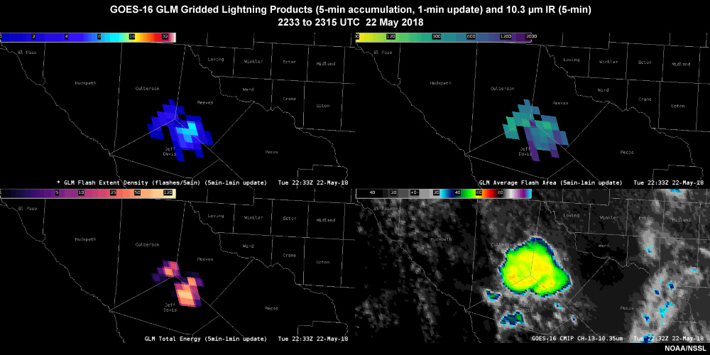 GOES-16 1-minute rapid scan IR imagery with ground-based lightning information overlaid over central Plains on June 11, 2015.