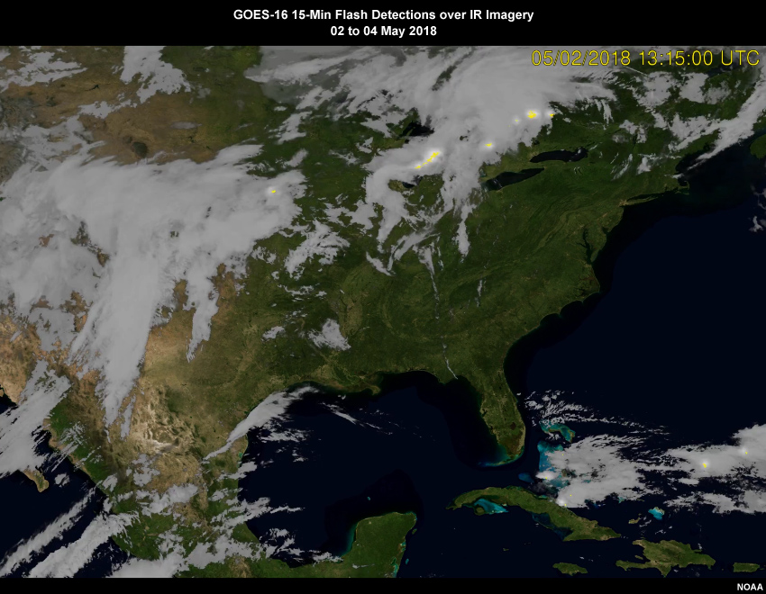 Animation of 15-minute GOES-16 GLM lightning Flash Extent Density product over IR imagery over CONUS from May 2 to 4, 2018