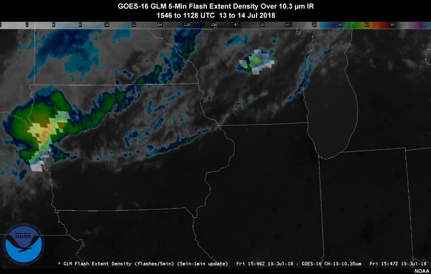 Animation of the GOES-16 GLM 5-minute (1-min update) lightning Flash Extent Density product over 10.3 micrometer IR imagery showing daytime convection developing over portions of the Upper Midwest on July 13, 2018