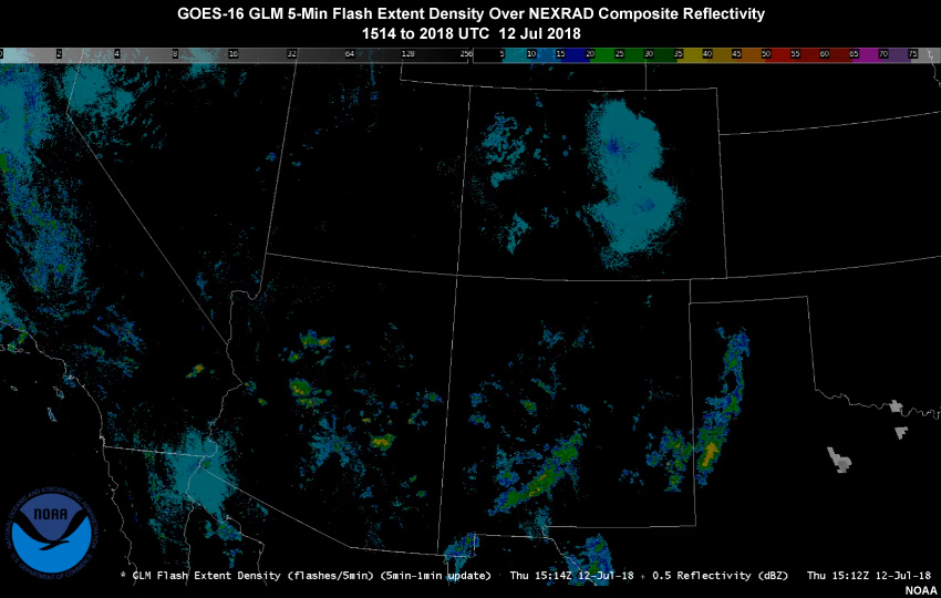 Animation of the GOES-16 GLM 5-min (with 1-minute update) Flash Extent Density product over NEXRAD composite reflectivity showing daytime convection over the southweat U.S. on 12 July, 2018