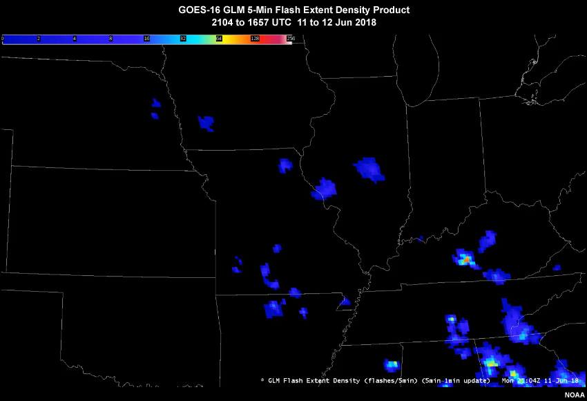 Animation of the GOES-16 GLM 5-min (1-min update) lightning Flash Extent Density product showing daytime convection over the central U.S. on June 11 and 12, 2018
