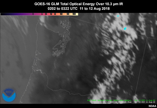 Animation of GOES-16 GLM Total Optical Energy (5-minute) over 10.3 micrometer IR imagery showing lightning activity over Washington state on August 11 to 12, 2018