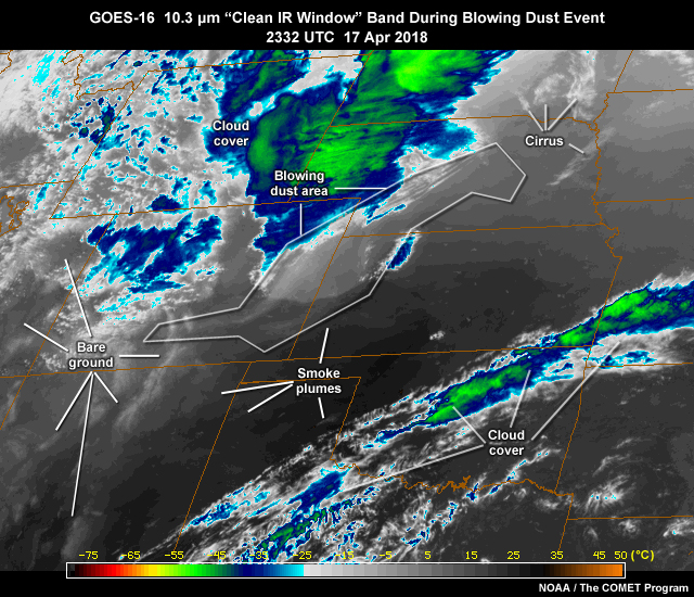 GOES-16 ABI 10.3 micrometer clean longwave IR window band image showing blowing dust event over the U.S. High Plains associated with a developing springtime cyclone over the Central Rocky Mountain region on April 17, 2018