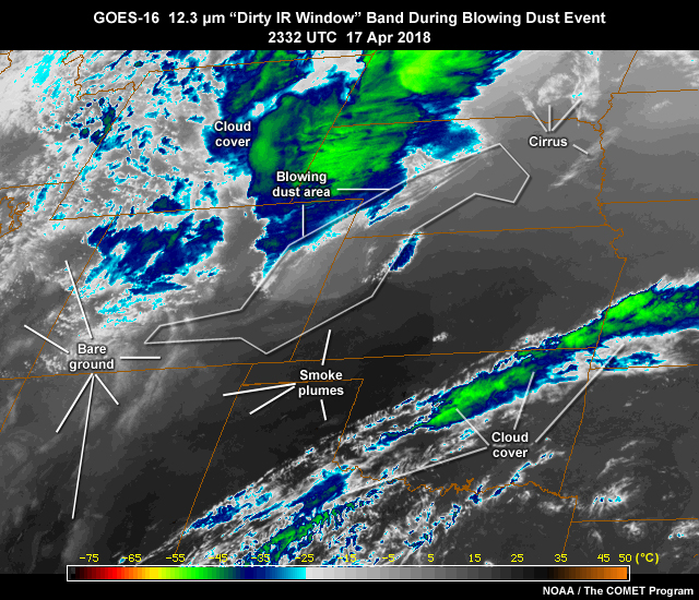 GOES-16 ABI 12.3 micrometer dirty longwave IR window band image showing blowing dust event over the U.S. High Plains associated with a developing springtime cyclone over the Central Rocky Mountain region on April 17, 2018