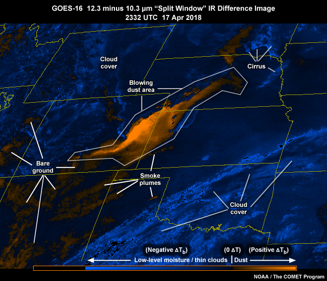 GOES-16 ABI 12.3 minus 10.3 micrometer split window IR band difference image highlighting blowing dust event over the U.S. High Plains associated with a developing springtime cyclone over the Central Rocky Mountain region on April 17, 2018